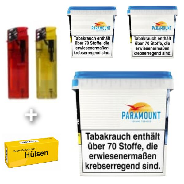 3 x Paramount Volumen Tabak Blau á 220g + Hülsen nach Wahl